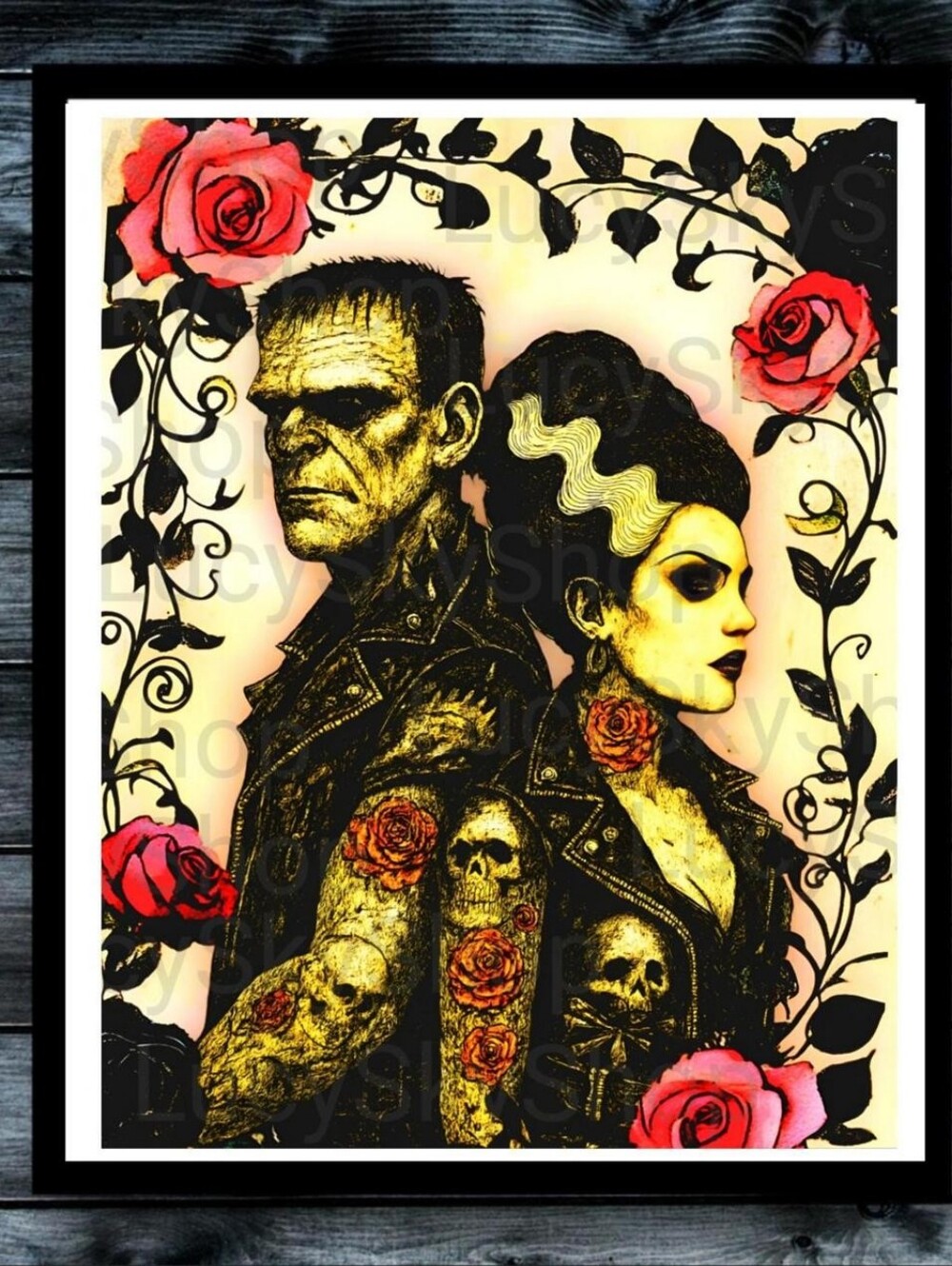 Frankenstein Monsters in Love 2 Floral Everyday is Halloween Vintage Style Art